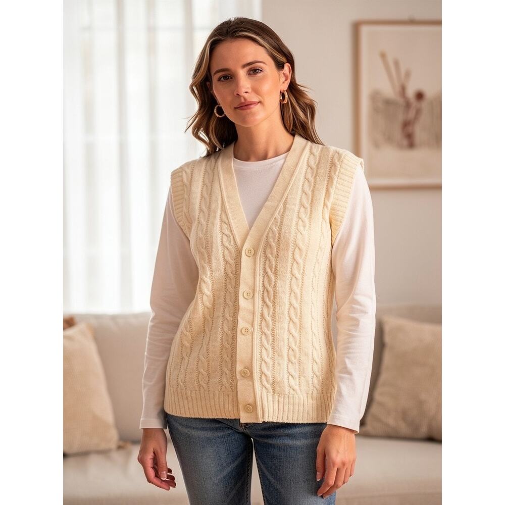 Cream Cable Knit Buttoned Vest Jantzen Size Medium Vintage